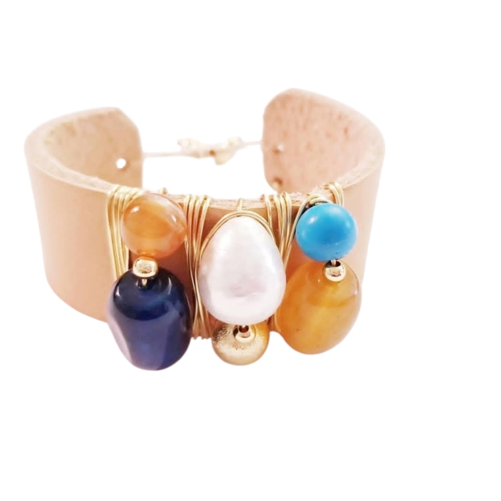 Leather and Agate Stones Cuff Bracelet - New